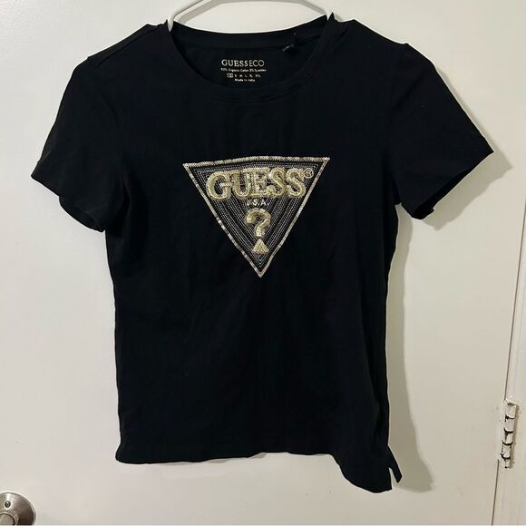 Guess Black Tee with Gold Sequin and Embroidered Logo | Size XS - Picture 1 of 5